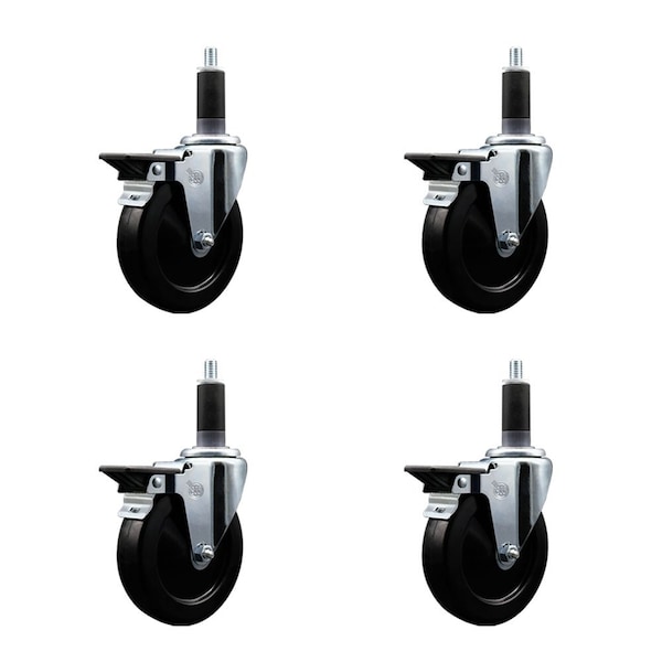 5'' Hard Rubber Swivel 1-1/8'' Expanding Stem Caster Set with Brake, 4PK
